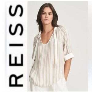Reiss Sydney Striped Puff Sleeve Blouse Size 8 White Nude